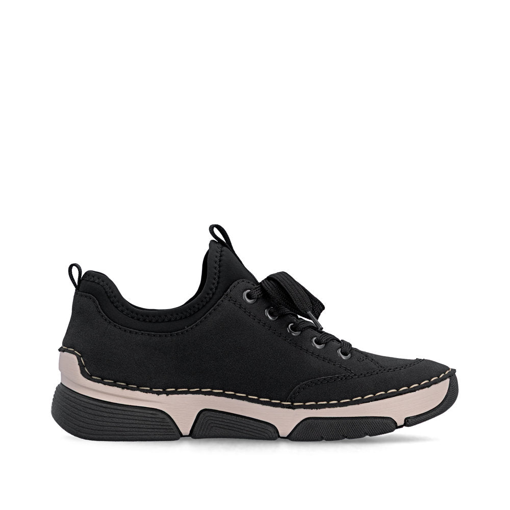 Rieker 45976-00 women's black suede water resistant elasticated shoes, outer side view.