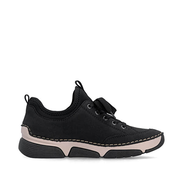 Rieker 45976-00 women's black suede water resistant elasticated shoes, outer side view.