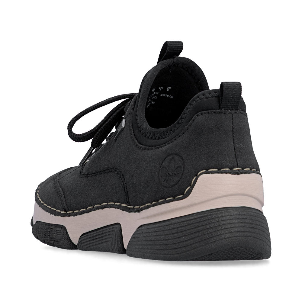 Rieker 45976-00 women's black suede water resistant elasticated shoes, rear three-quarter view.