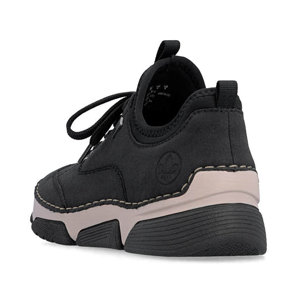 Rieker 45976-00 women's black suede water resistant elasticated shoes, rear three-quarter view.