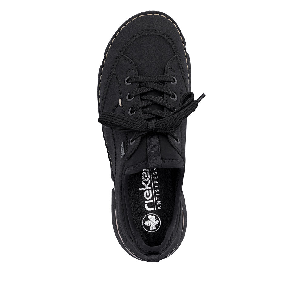 Rieker 45976-00 women's black suede water resistant elasticated shoes, top view.