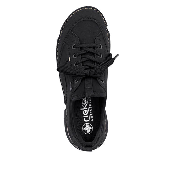 Rieker 45976-00 women's black suede water resistant elasticated shoes, top view.