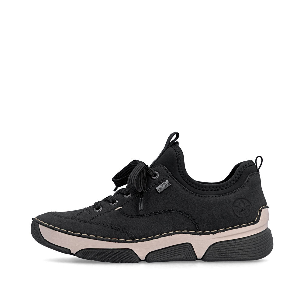 Rieker 45976-00 women's black suede water resistant elasticated shoes, inner side view.