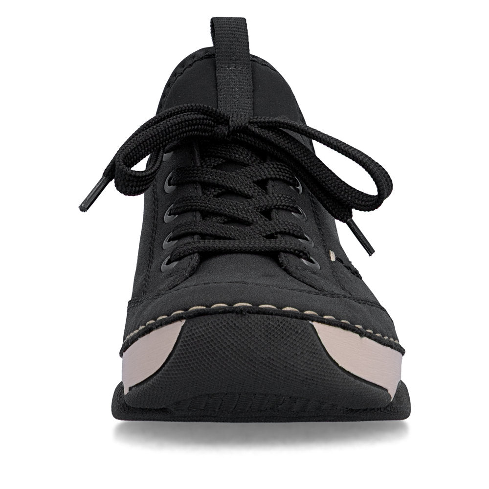 Rieker 45976-00 women's black suede water resistant elasticated shoes, front view.