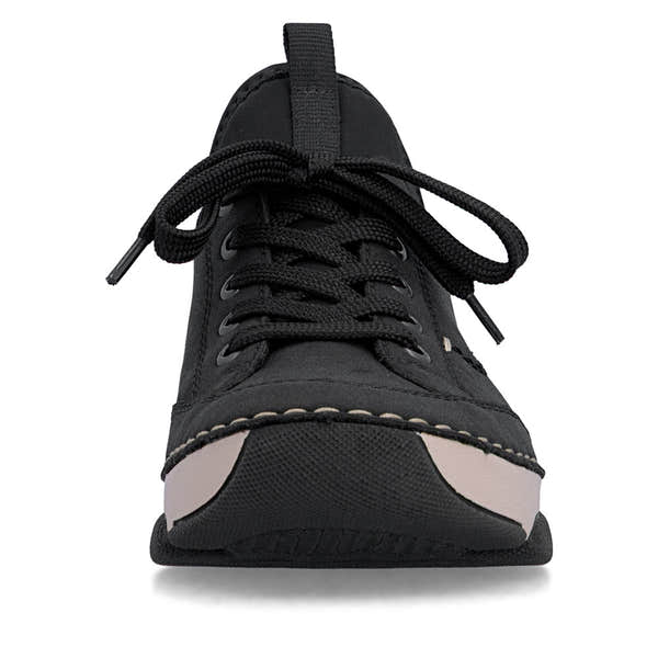 Rieker 45976-00 women's black suede water resistant elasticated shoes, front view.