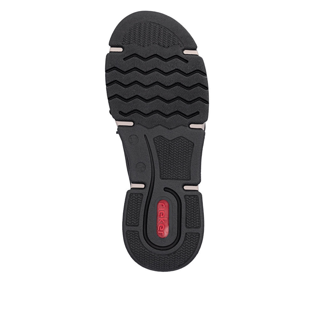 Rieker 45976-00 women's black suede water resistant elasticated shoes, sole and tread view.
