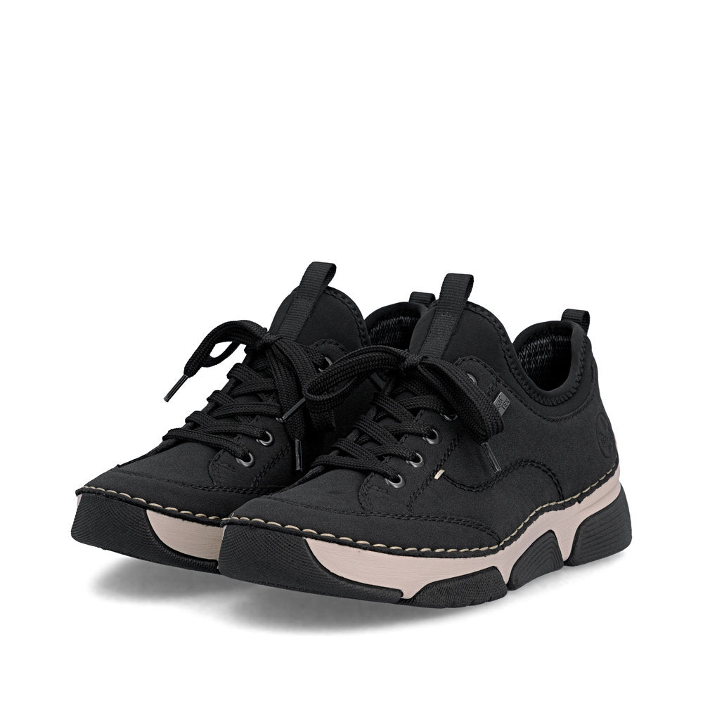 Rieker 45976-00 women's black suede water resistant elasticated shoes, paired three-quarter view.
