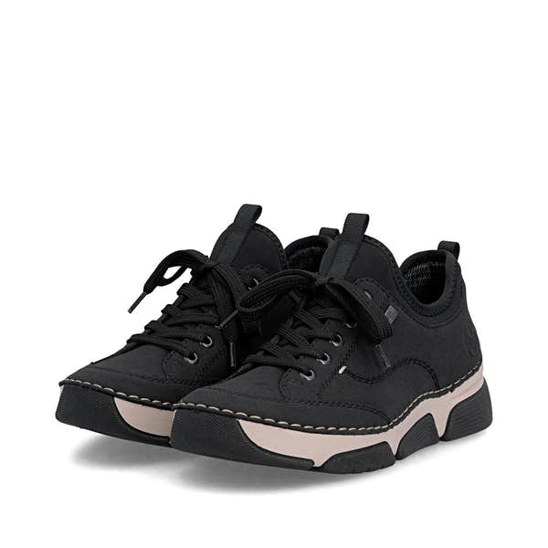 Rieker 45976-00 women's black suede water resistant elasticated shoes, paired three-quarter view.