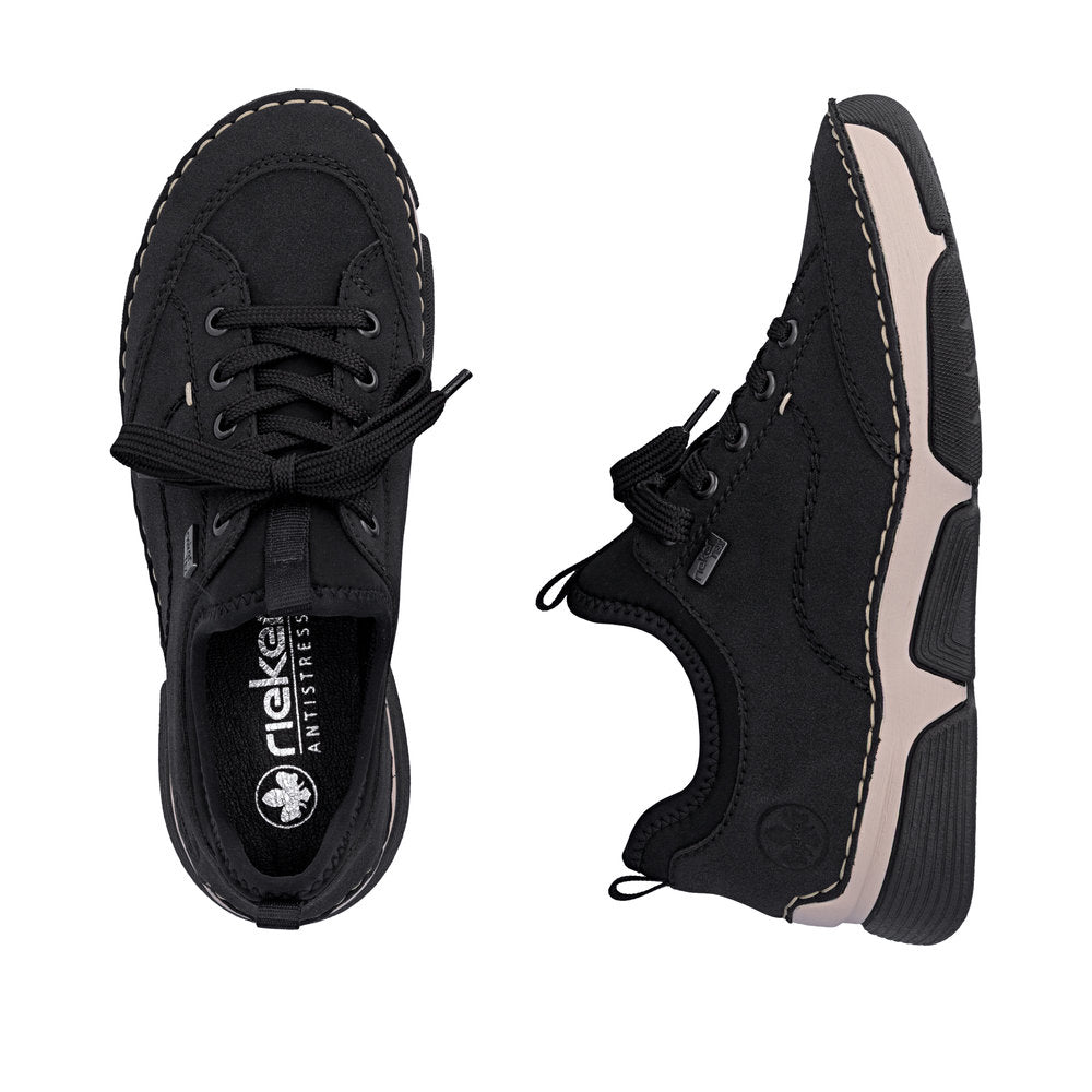 Rieker 45976-00 women's black suede water resistant elasticated shoes, two-angle product view.