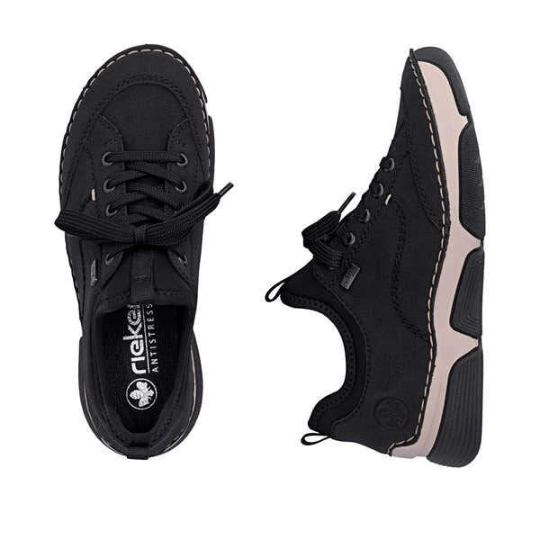 Rieker 45976-00 women's black suede water resistant elasticated shoes, two-angle product view.