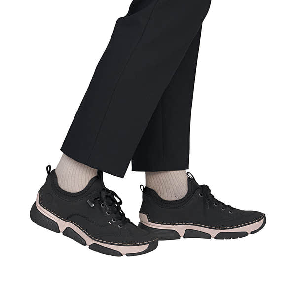 Rieker 45976-00 women's black suede water resistant elasticated shoes, on-foot lifestyle view.