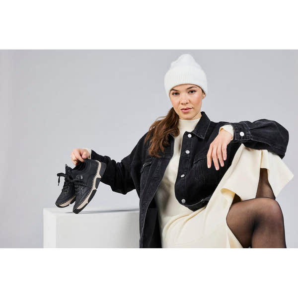 Rieker 45976-00 women's black suede water resistant elasticated shoes, lifestyle view 1 of 6.