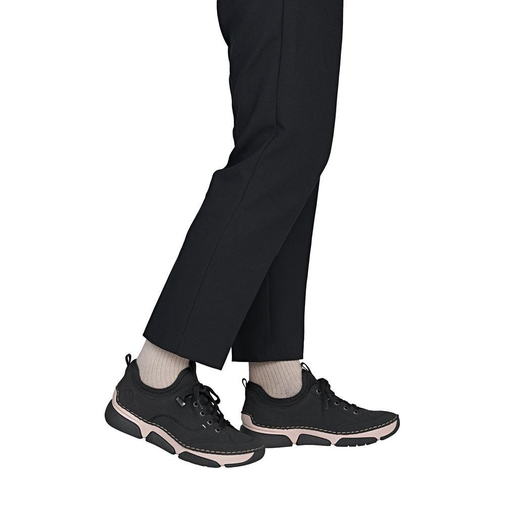 Rieker 45976-00 women's black suede water resistant elasticated shoes, on-foot lifestyle view.