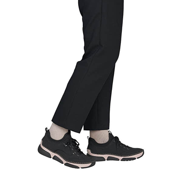 Rieker 45976-00 women's black suede water resistant elasticated shoes, on-foot lifestyle view.