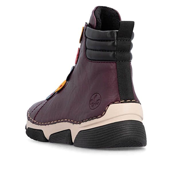 Rieker 45977-30 women's multi zip & lace ankle boots, rear three-quarter view.