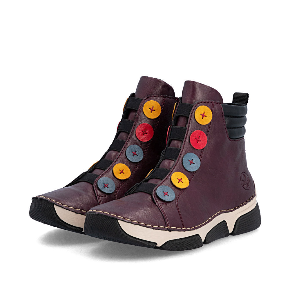 Rieker 45977-30 women's multi zip & lace ankle boots, paired three-quarter view.