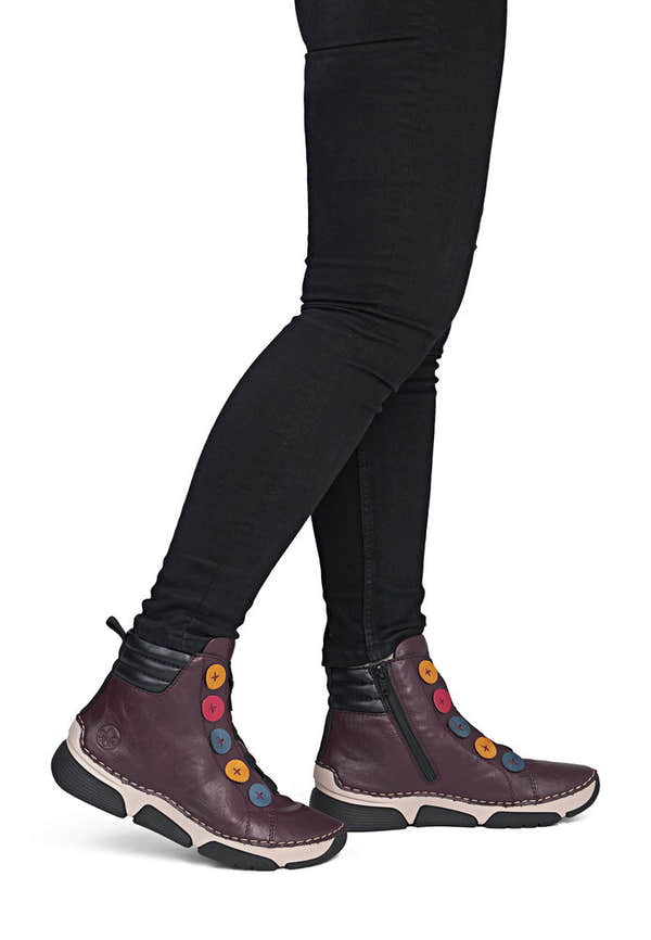 Rieker 45977-30 women's multi zip & lace ankle boots, on-foot lifestyle view.