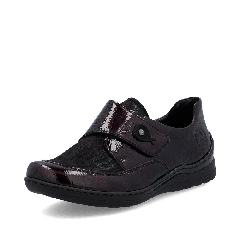 Rieker 48951-35 women's red touch fastening shoes, front three-quarter view.