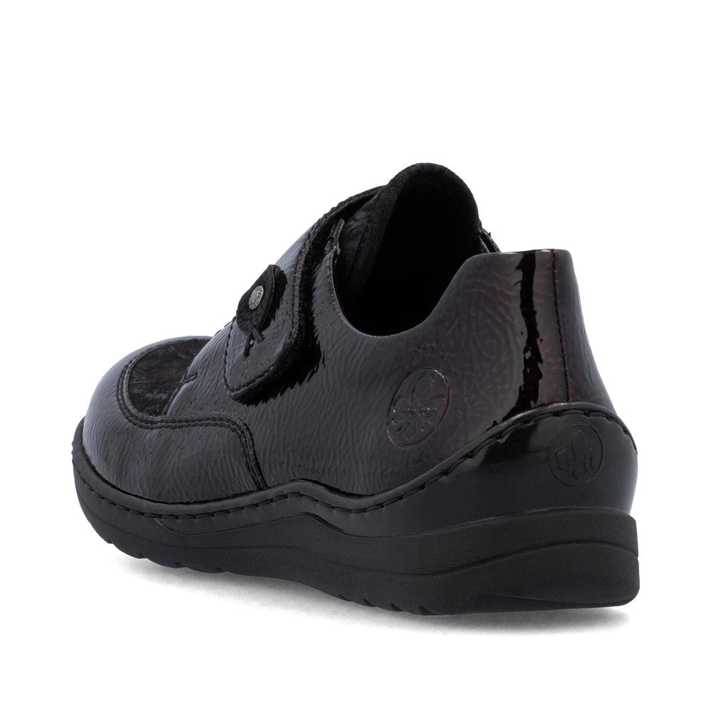Rieker 48951-35 women's red touch fastening shoes, rear three-quarter view.