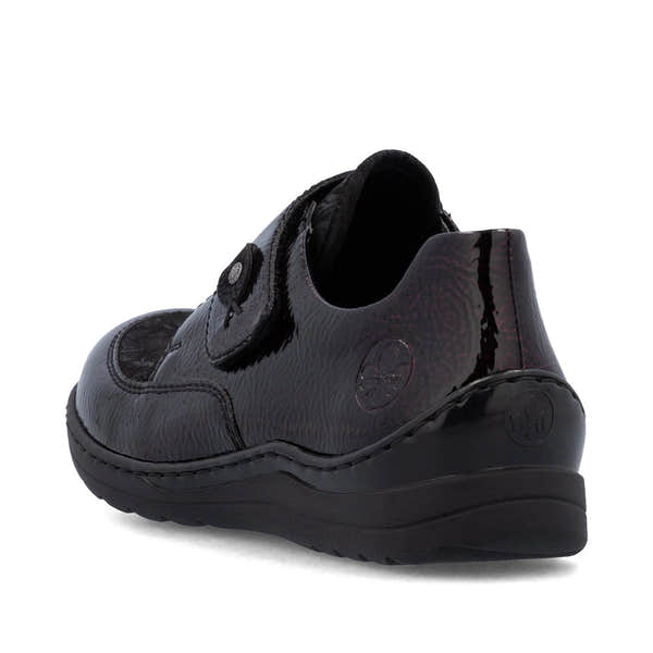Rieker 48951-35 women's red touch fastening shoes, rear three-quarter view.