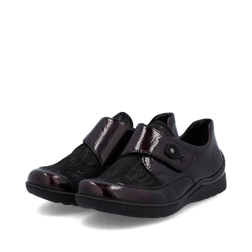 Rieker 48951-35 women's red touch fastening shoes, paired three-quarter view.