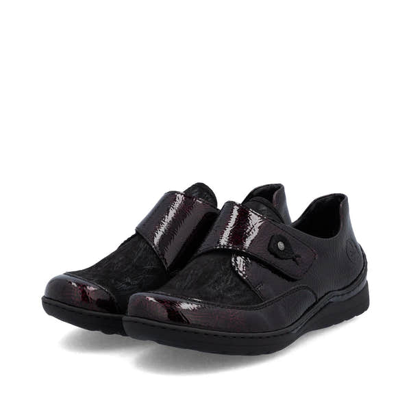 Rieker 48951-35 women's red touch fastening shoes, paired three-quarter view.