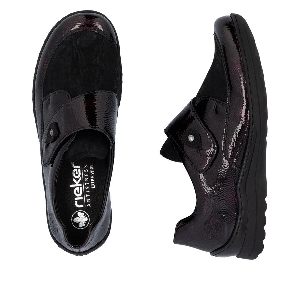 Rieker 48951-35 women's red touch fastening shoes, two-angle product view.