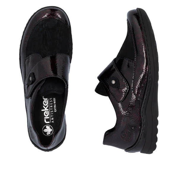 Rieker 48951-35 women's red touch fastening shoes, two-angle product view.