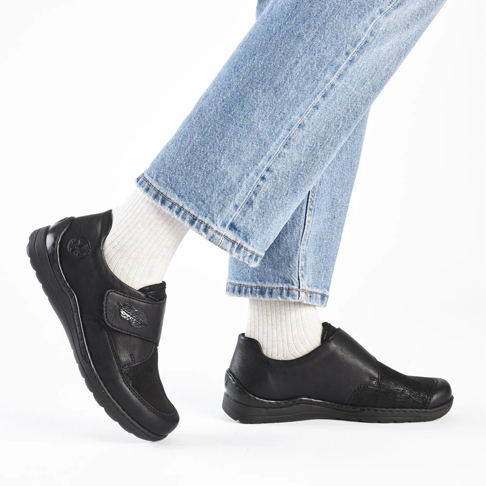 Rieker 48954-00 Stretch Ladies Black Touch Fastening Shoes, lifestyle view 1 of 6.
