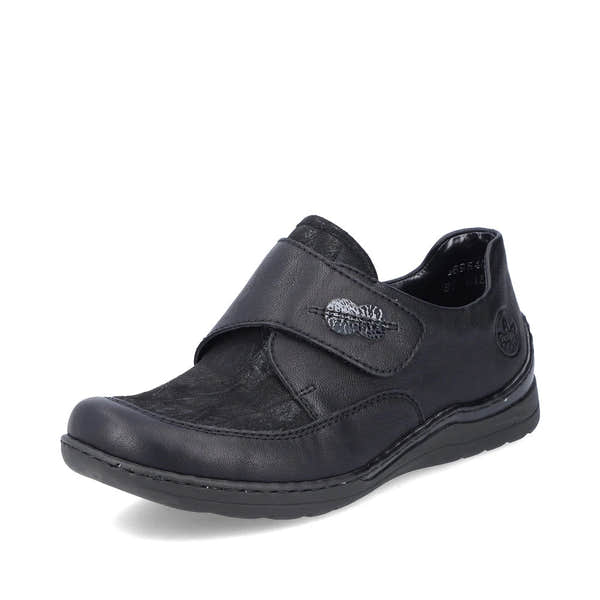 Rieker 48954-00 Stretch Ladies Black Touch Fastening Shoes, front three-quarter view.