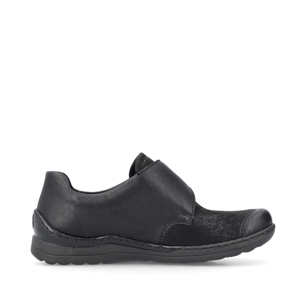 Rieker 48954-00 Stretch Ladies Black Touch Fastening Shoes, outer side view.