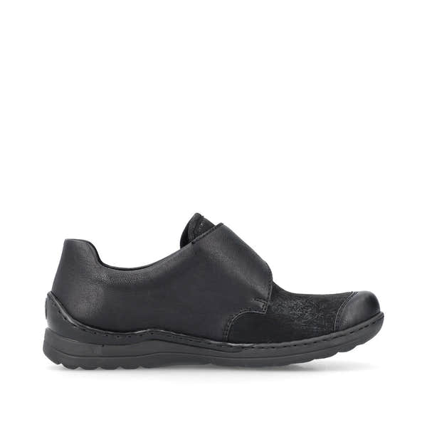 Rieker 48954-00 Stretch Ladies Black Touch Fastening Shoes, outer side view.