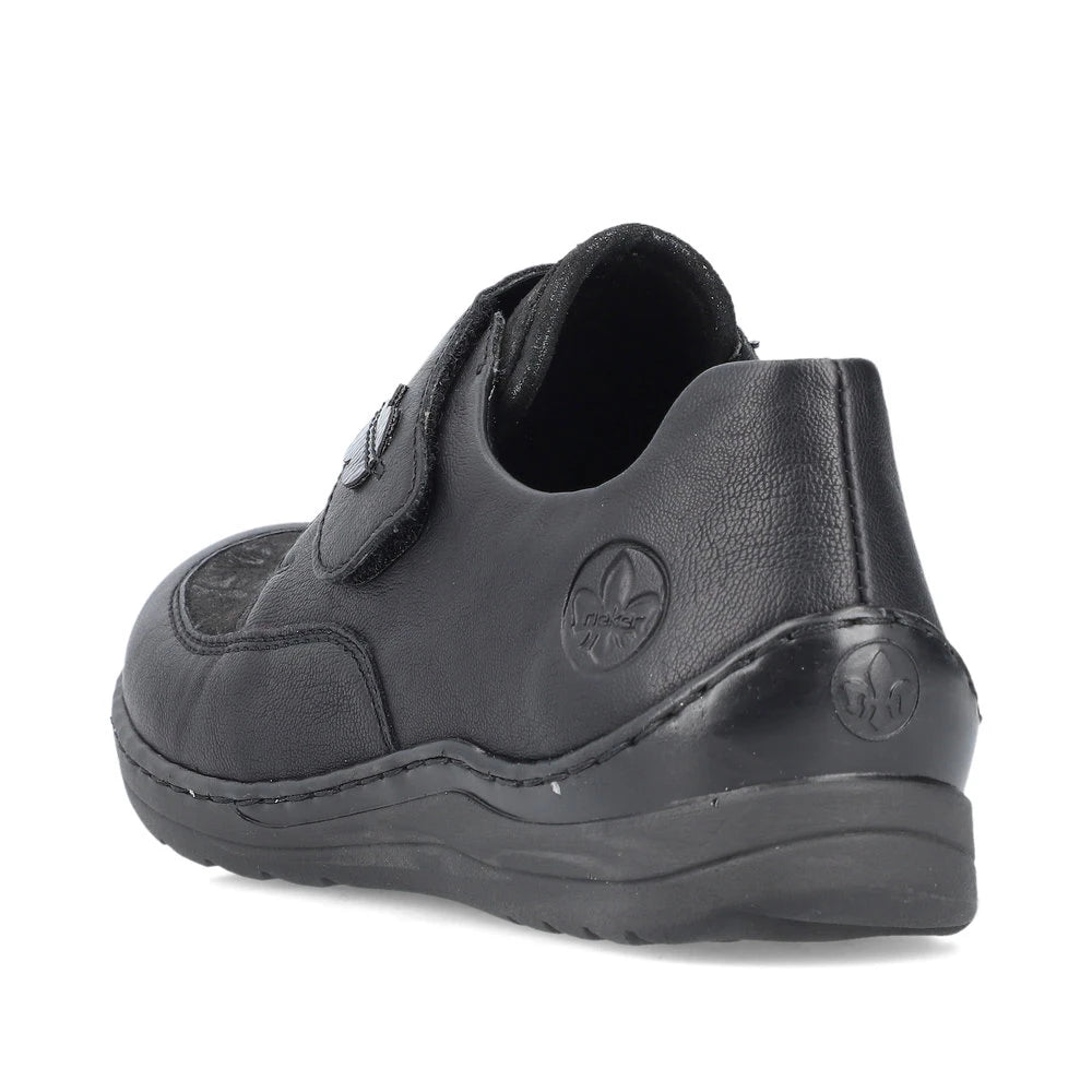 Rieker 48954-00 Stretch Ladies Black Touch Fastening Shoes, rear three-quarter view.