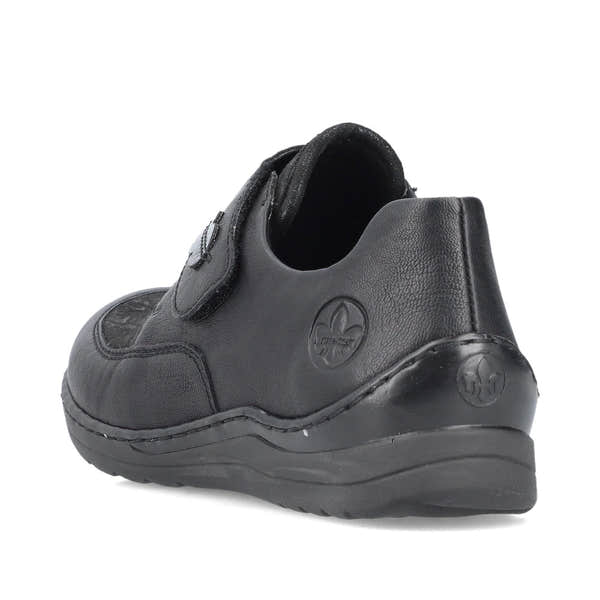 Rieker 48954-00 Stretch Ladies Black Touch Fastening Shoes, rear three-quarter view.
