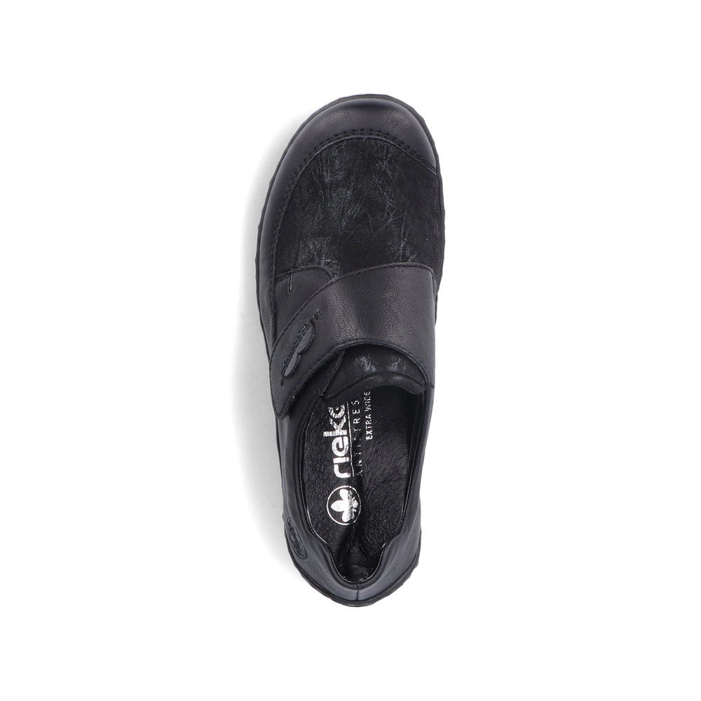 Rieker 48954-00 Stretch Ladies Black Touch Fastening Shoes, top view.