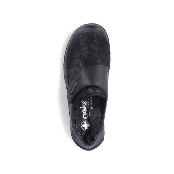 Rieker 48954-00 Stretch Ladies Black Touch Fastening Shoes, top view.