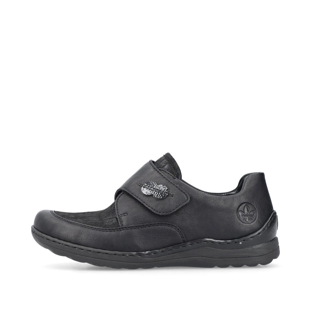 Rieker 48954-00 Stretch Ladies Black Touch Fastening Shoes, inner side view.