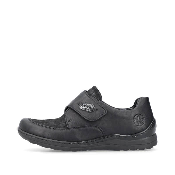 Rieker 48954-00 Stretch Ladies Black Touch Fastening Shoes, inner side view.