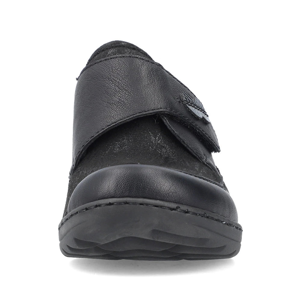Rieker 48954-00 Stretch Ladies Black Touch Fastening Shoes, front view.