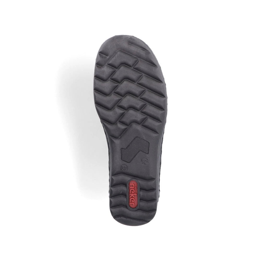 Rieker 48954-00 Stretch Ladies Black Touch Fastening Shoes, sole and tread view.