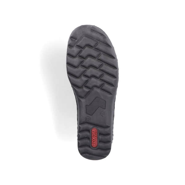 Rieker 48954-00 Stretch Ladies Black Touch Fastening Shoes, sole and tread view.