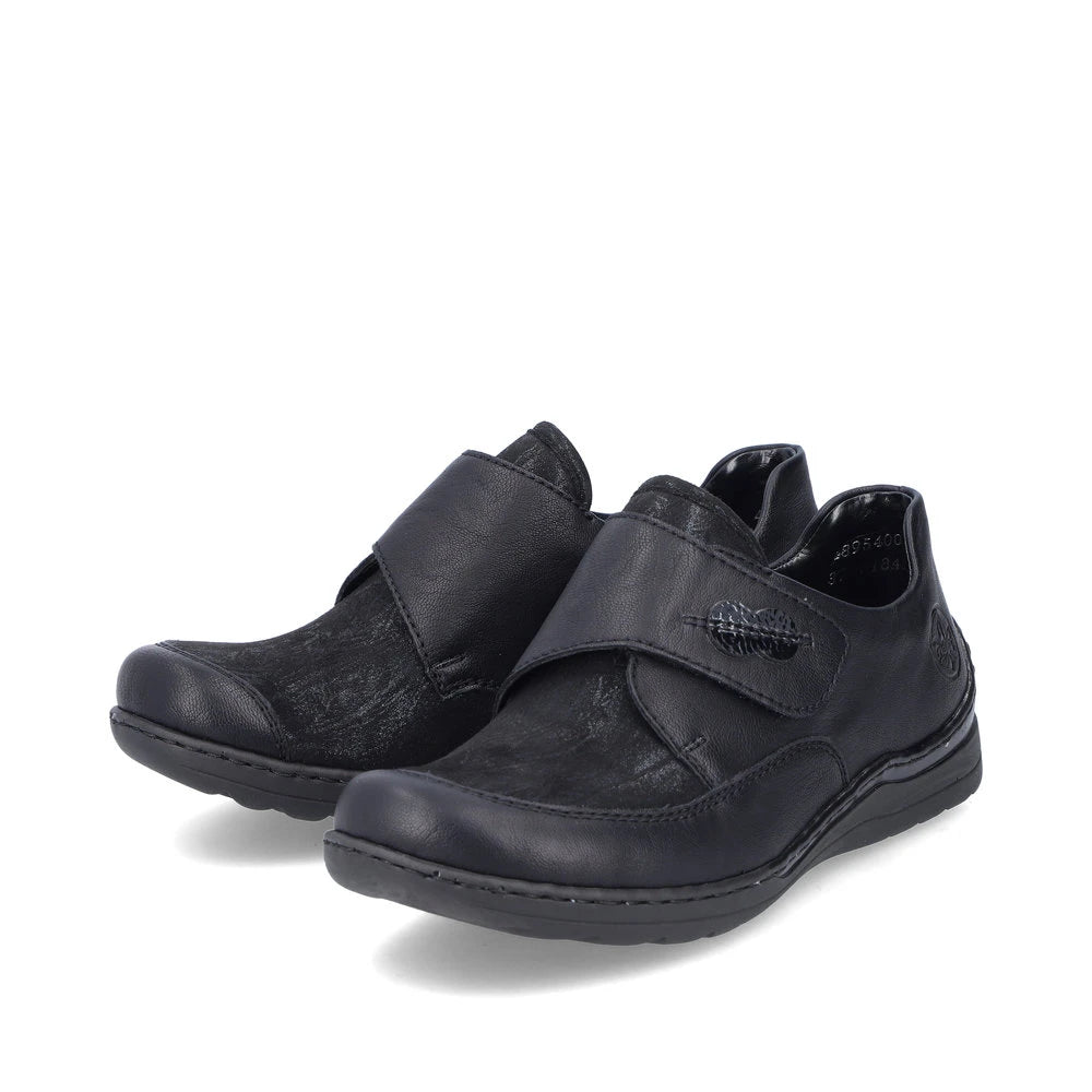 Rieker 48954-00 Stretch Ladies Black Touch Fastening Shoes, paired three-quarter view.