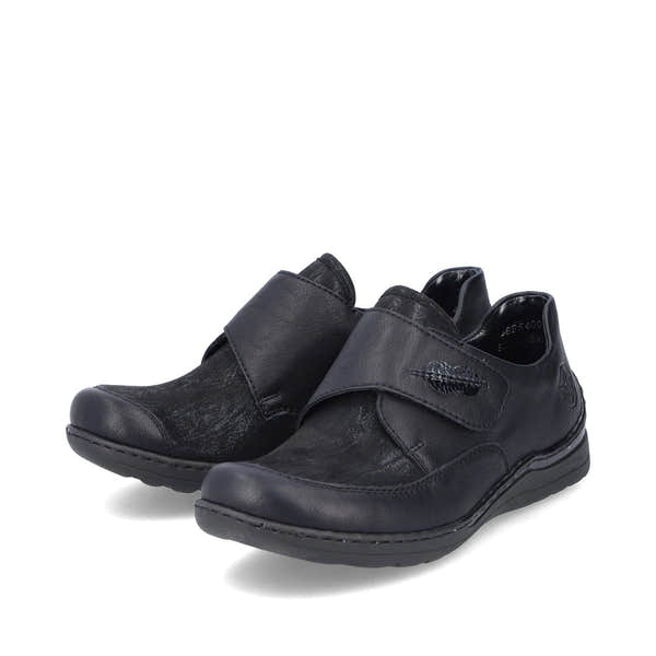 Rieker 48954-00 Stretch Ladies Black Touch Fastening Shoes, paired three-quarter view.