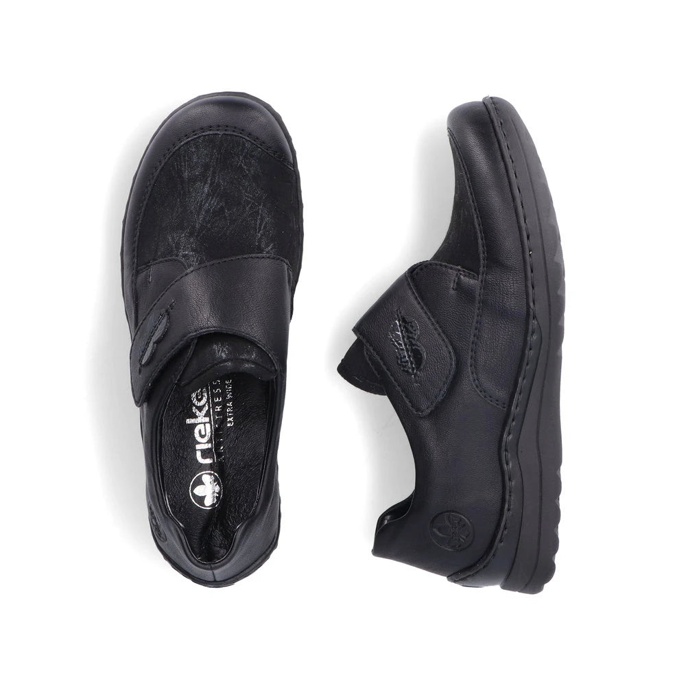 Rieker 48954-00 Stretch Ladies Black Touch Fastening Shoes, two-angle product view.