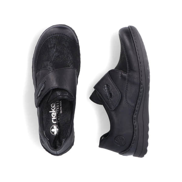 Rieker 48954-00 Stretch Ladies Black Touch Fastening Shoes, two-angle product view.