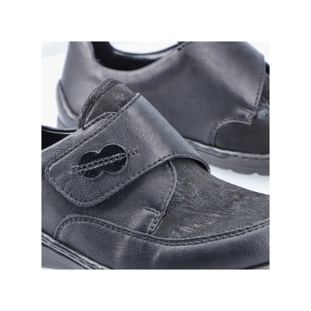 Rieker 48954-00 Stretch Ladies Black Touch Fastening Shoes, lifestyle view.
