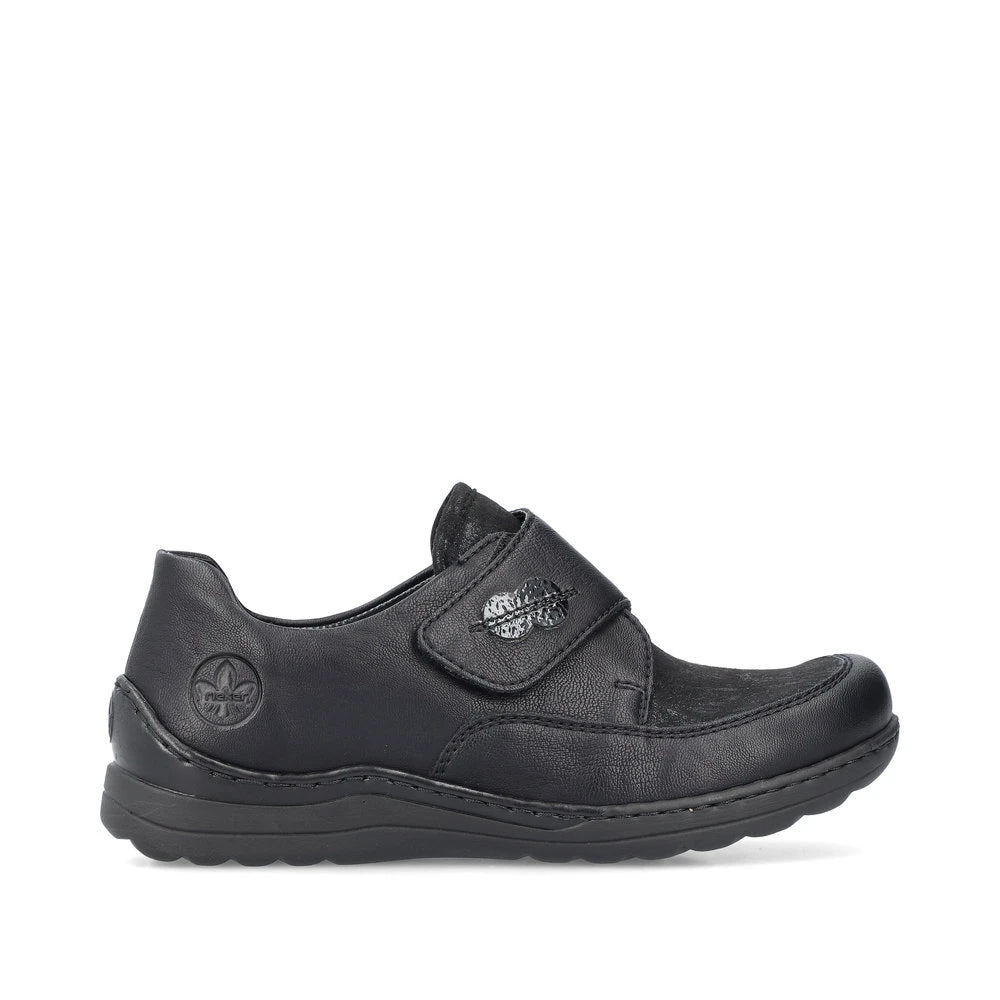Rieker 48954-00 Stretch Ladies Black Touch Fastening Shoes, opposite side view.