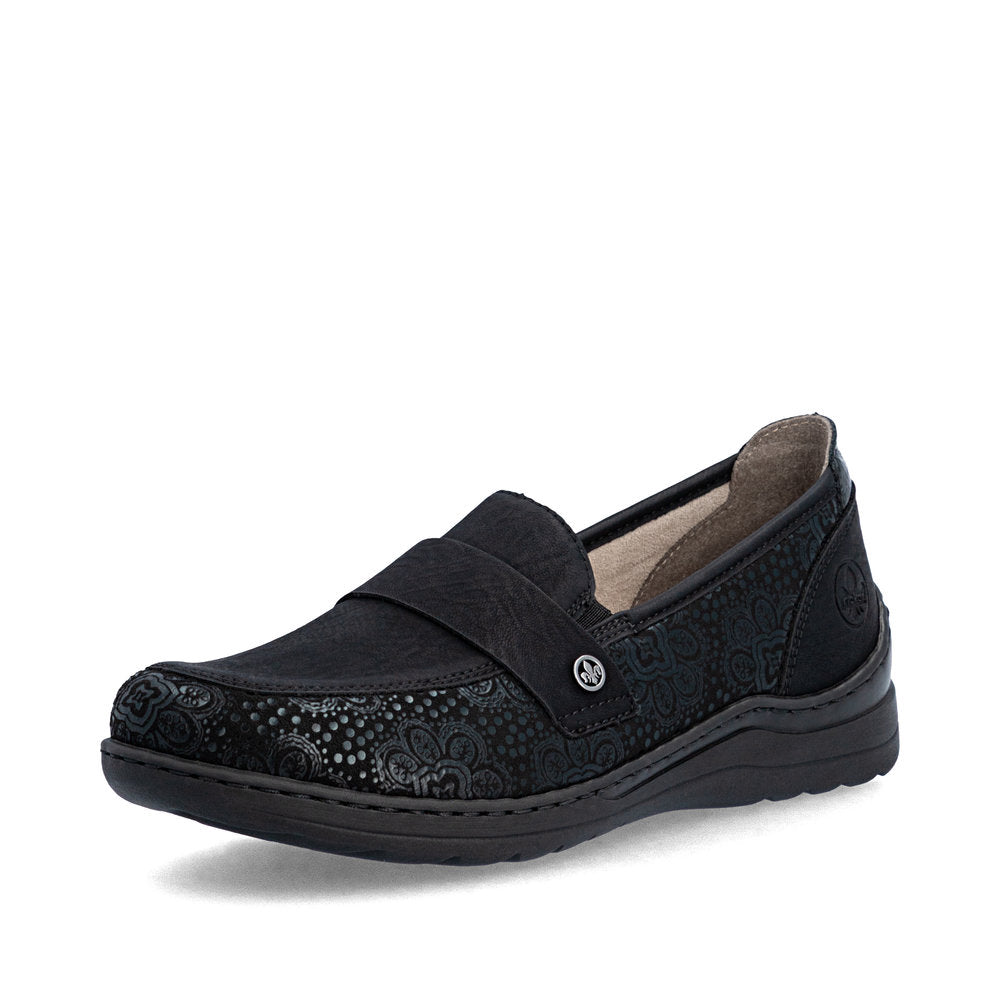 Rieker 48968-00 women's wide black elasticated shoes, front three-quarter view.