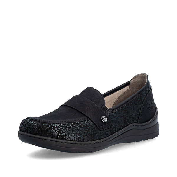 Rieker 48968-00 women's wide black elasticated shoes, front three-quarter view.
