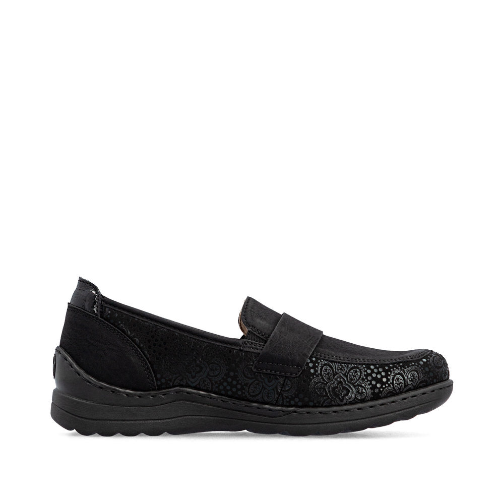 Rieker 48968-00 women's wide black elasticated shoes, outer side view.